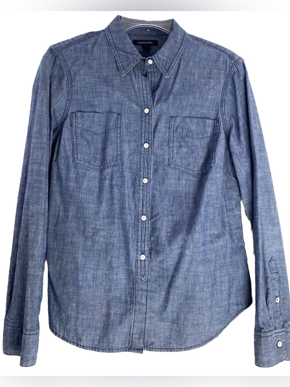 Lands End Blue Chambray Long Sleeve Button Down Capsule Academia Shirt Size M